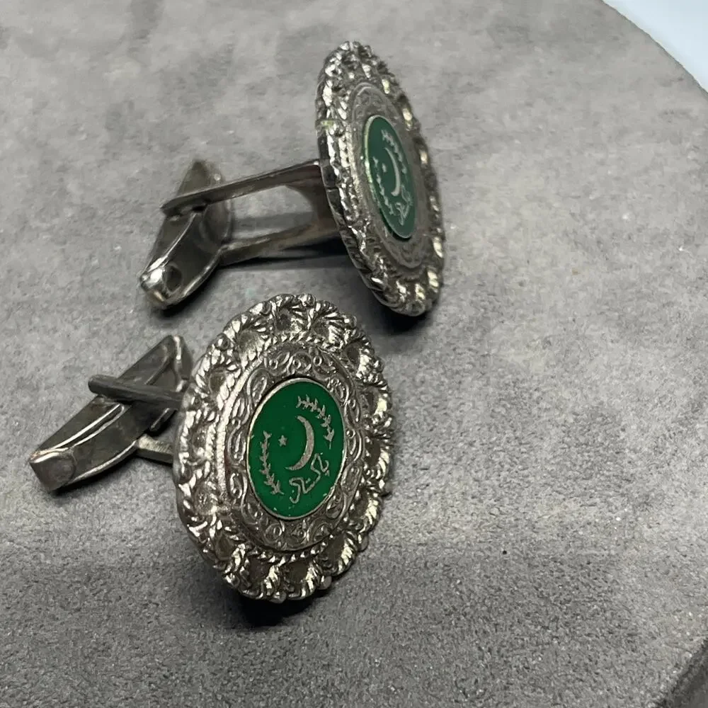 Vintage Pakistan Ornate Cufflinks Silver Tone 1” Round